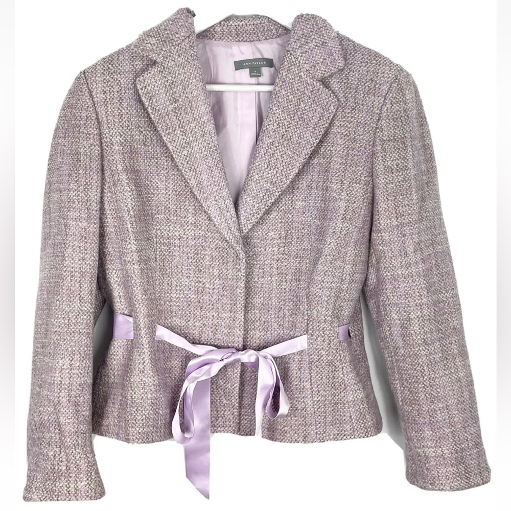 Ann Taylor Virgin Wool Lavender Tweed 2 Ribbon Belt women's Blazer Jacket Sz 10